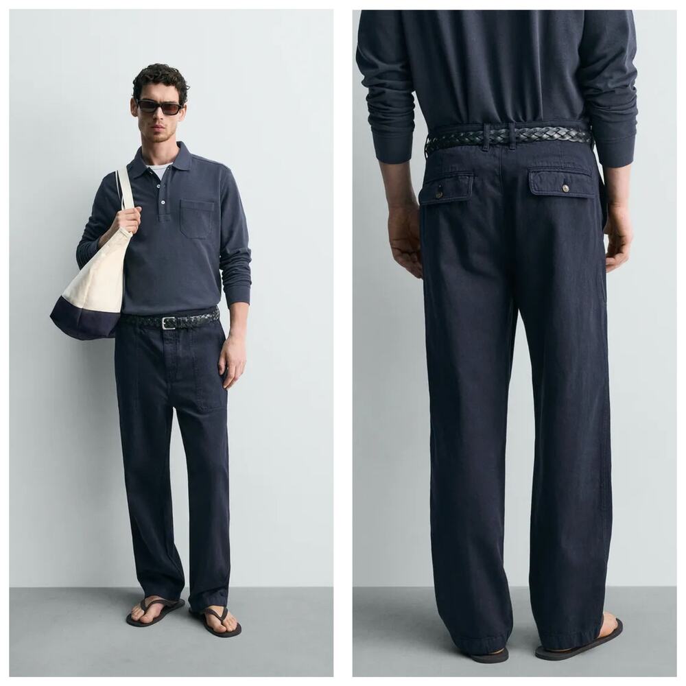 NWT Zara Men Blue Linen Cotton Straight Fit Trouser Pants Size 30 6917/409 Chic